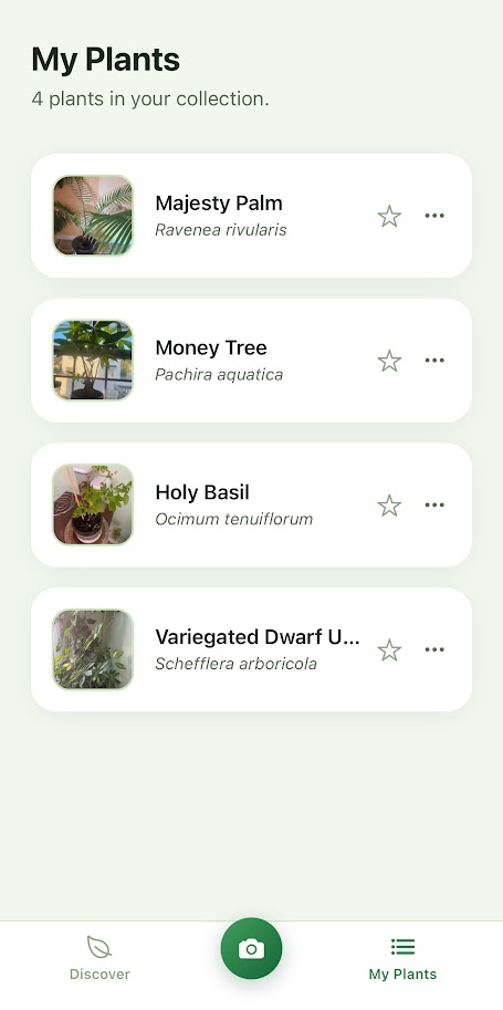 Verdia's My Plants screen showing a saved collection